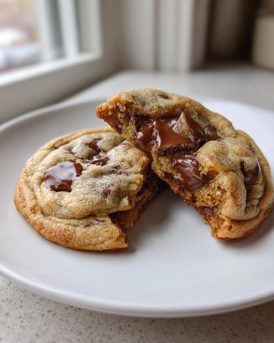 Close-up of a sourdough chocolate chip cookies broken in half showing melted chocolate chips inside.