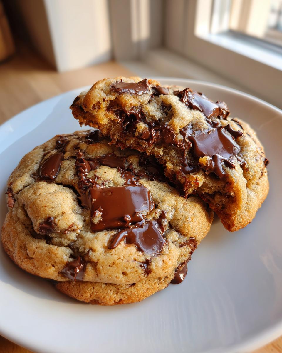 Close-up of two gooey sourdough chocolate chip cookies, one broken open to show melted chocolate center.