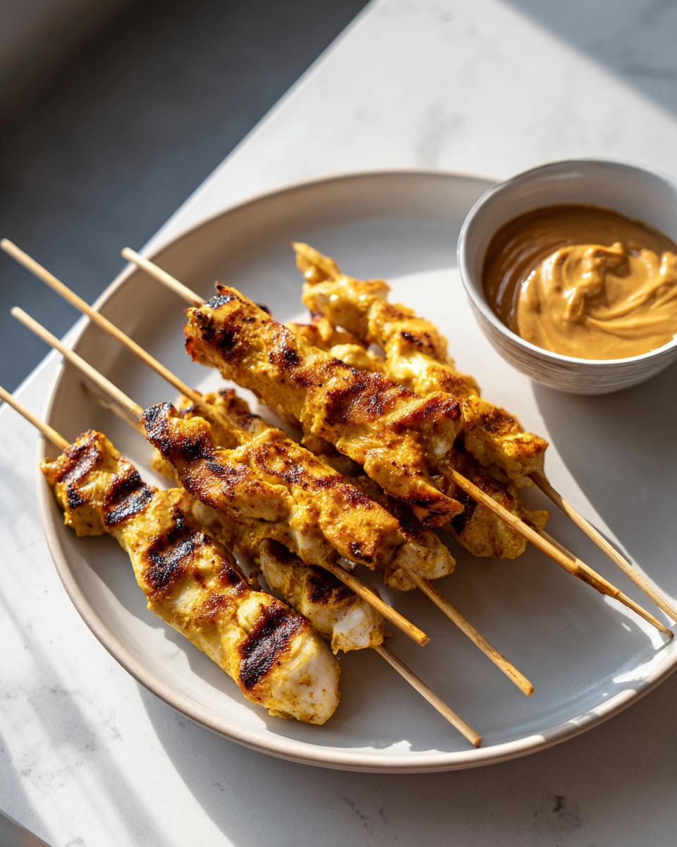 Close-up of grilled chicken satay skewers served on a plate next to a small bowl of creamy peanut sauce.