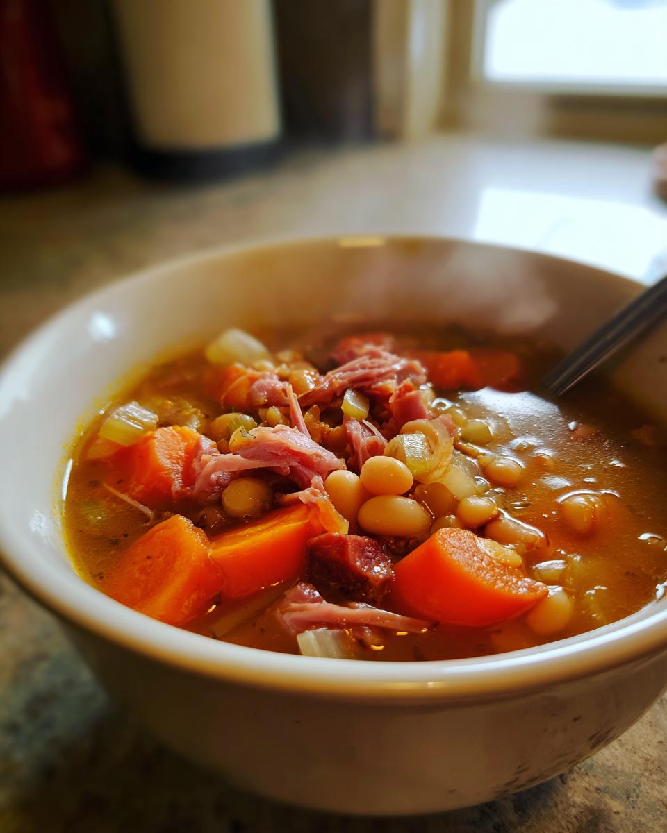 Close-up of a steaming bowl of Ham and Bean Soup featuring white beans, shredded ham, and large chunks of carrots.