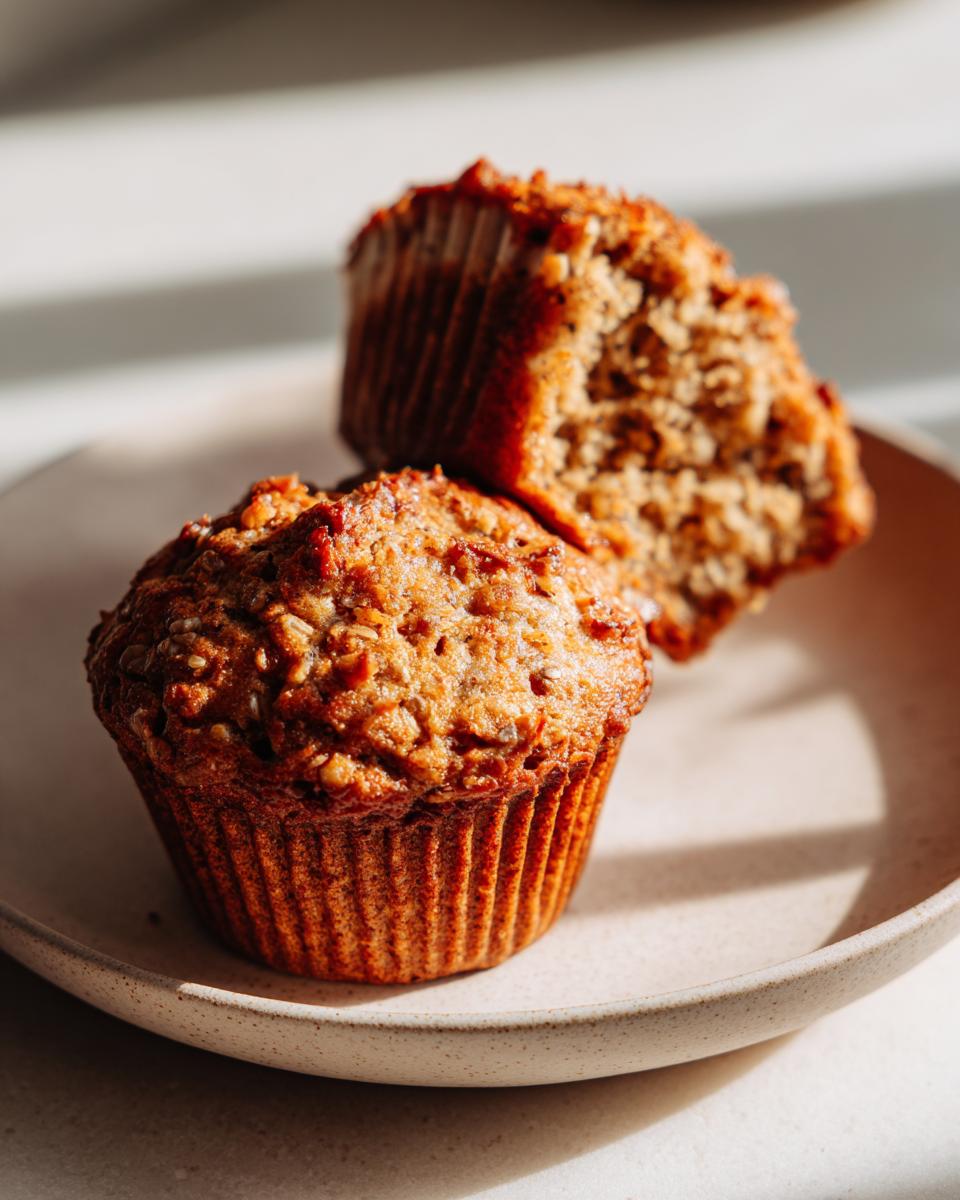 Two golden-brown bran muffins, one whole and one broken open, showing texture on a light plate.