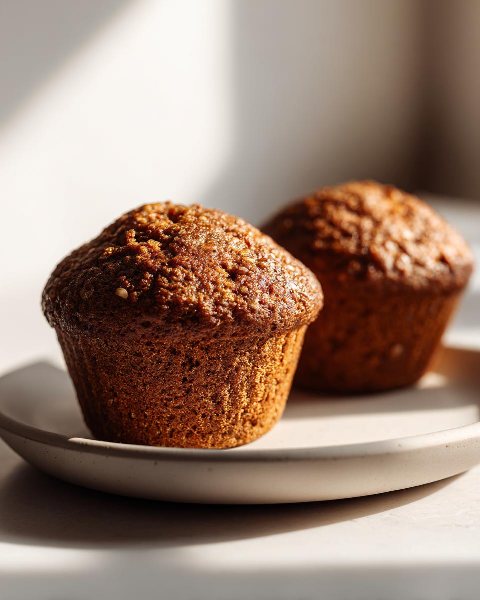 Two perfectly baked, golden-brown bran muffins sitting on a light-colored plate, highlighted by strong sunlight.