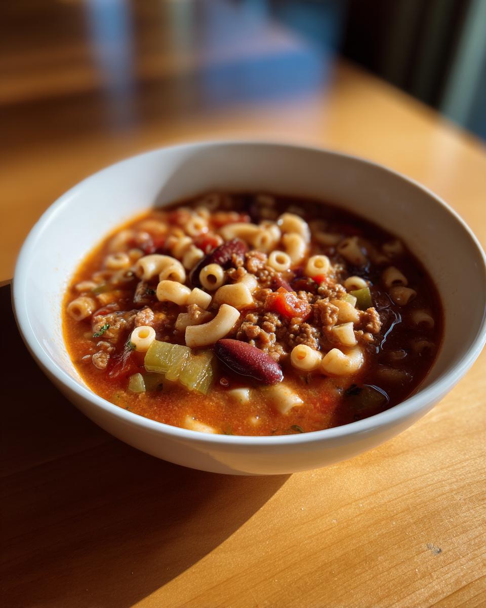 A close-up of a white bowl filled with rich, tomato-based pasta fagioli soup featuring elbow macaroni, ground meat, and kidney beans.