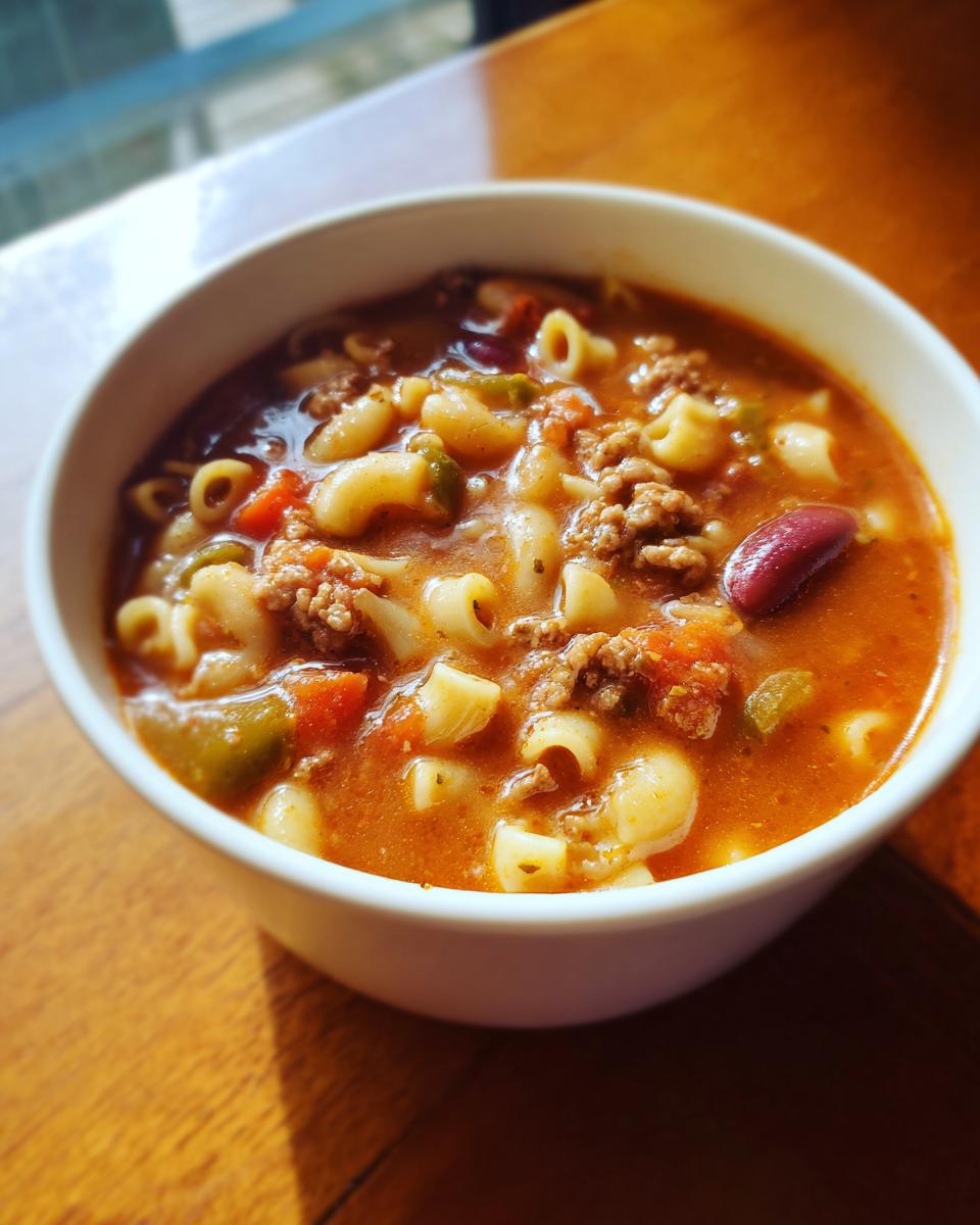 Close-up of a white bowl filled with steaming pasta fagioli soup featuring elbow macaroni, ground meat, beans, and vegetables in a rich broth.