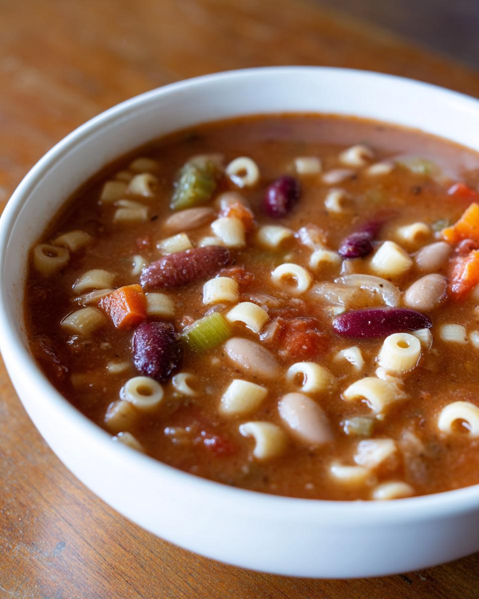 Close-up of a white bowl filled with rich, tomato-based pasta fagioli soup containing ditalini pasta, kidney beans, and vegetables.