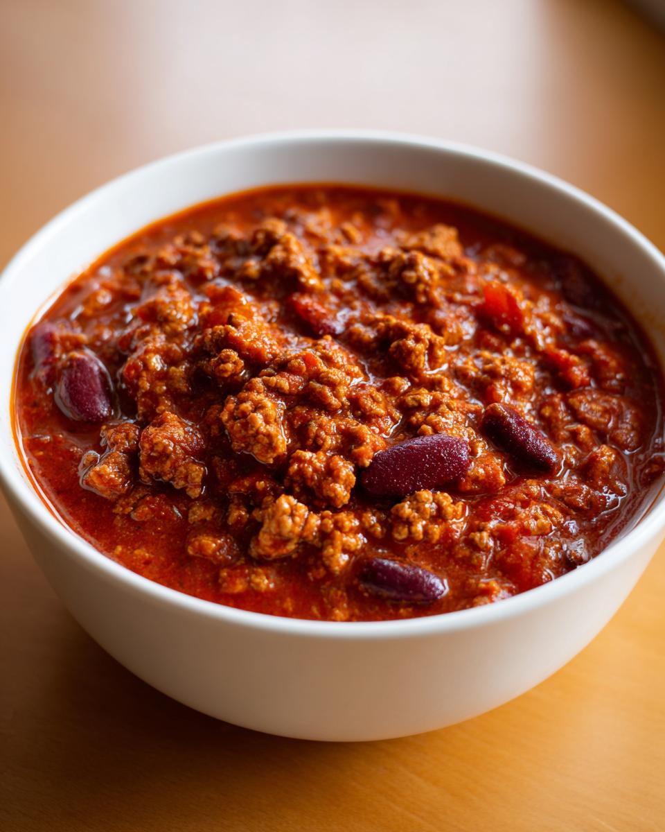 Close-up of a hearty bowl of high protein chili, featuring rich ground meat and visible kidney beans in a thick red sauce.