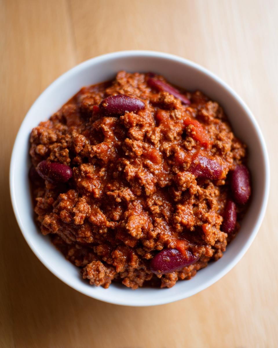 Overhead view of a white bowl filled with rich, thick high protein chili featuring ground meat and kidney beans.