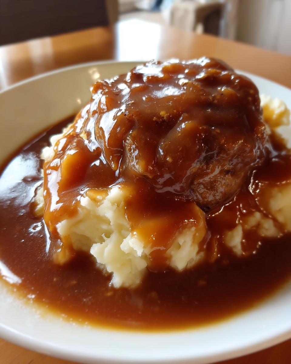 Close-up of mashed potatoes topped with a meatball and smothered in rich homemade brown gravy.