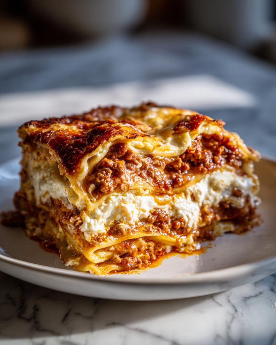 A close-up, mouthwatering slice of homemade lasagna showing layers of pasta, creamy ricotta, and rich meat sauce, perfectly baked.