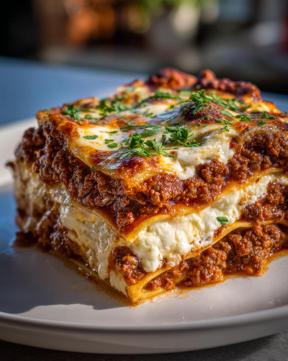 A close-up, appetizing slice of homemade lasagna showing layers of pasta, creamy ricotta, and rich meat sauce, topped with melted cheese and parsley.