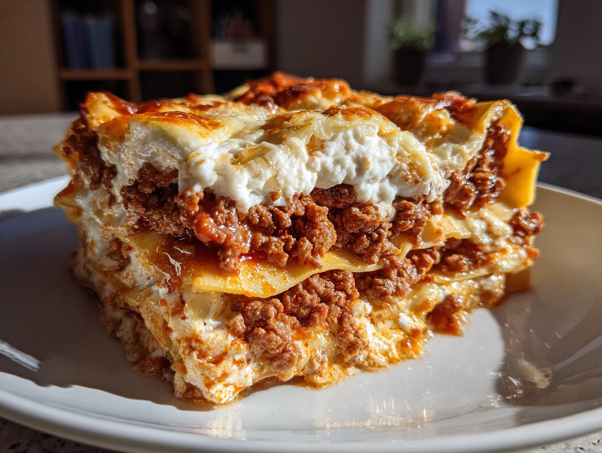 Close-up of a thick, layered slice of homemade lasagna featuring pasta, rich meat sauce, and creamy white cheese topping.