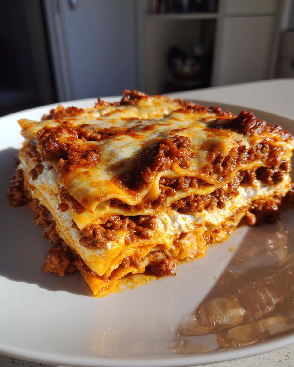 A close-up, sunlit photo of a tall slice of homemade lasagna showing layers of pasta, ricotta, and hearty meat sauce.