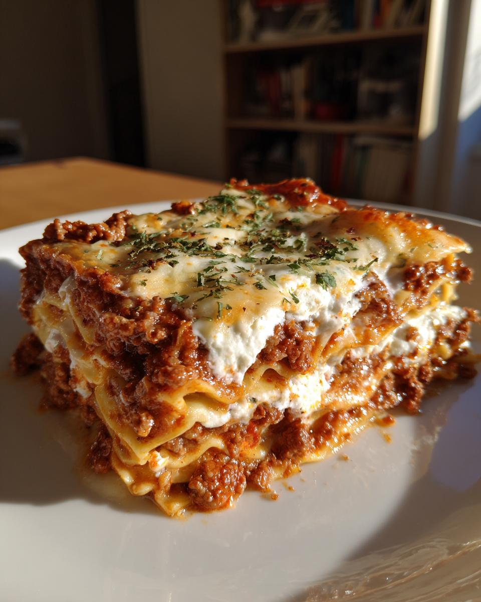 A thick, layered slice of homemade lasagna featuring rich meat sauce, creamy ricotta, and melted cheese, garnished with herbs.