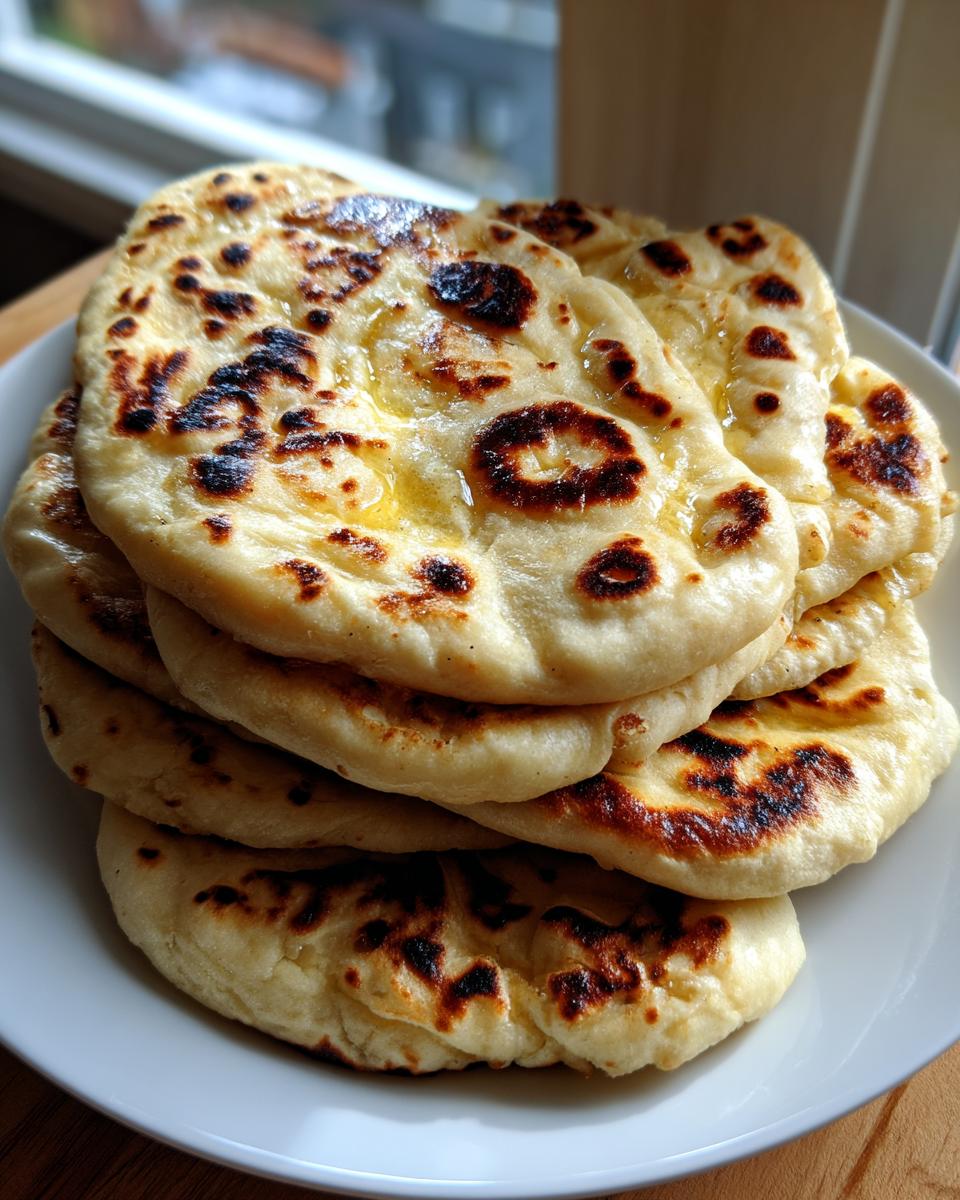 A stack of freshly made homemade naan bread, brushed with melted butter and showing characteristic charred spots.