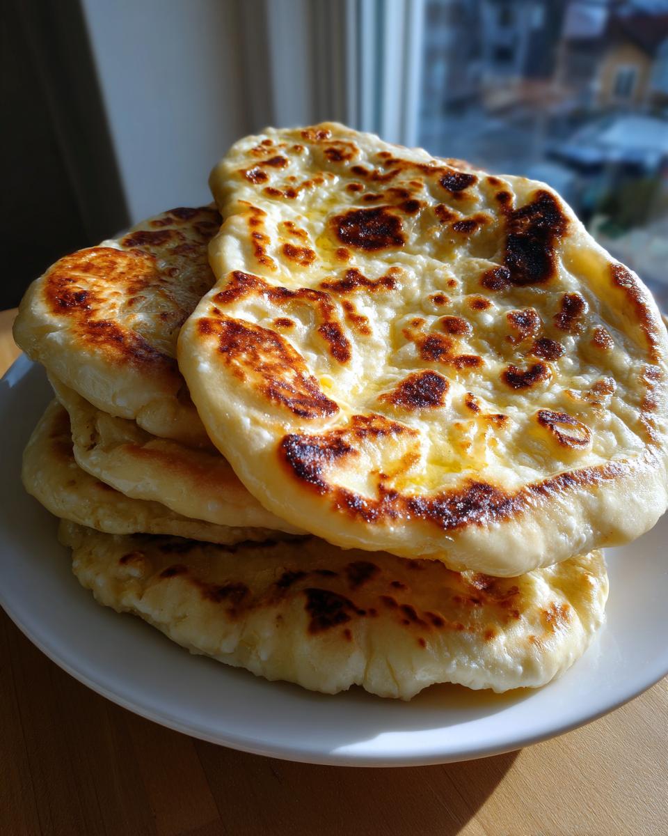 A stack of freshly made homemade naan bread, brushed with melted butter and showing charred spots.