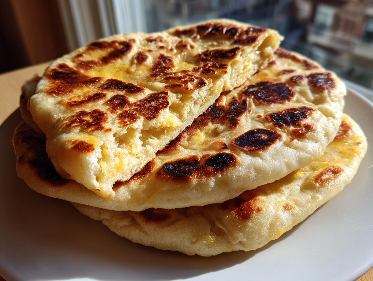 Close-up of a stack of freshly made homemade naan bread, brushed with butter and showing charred spots.
