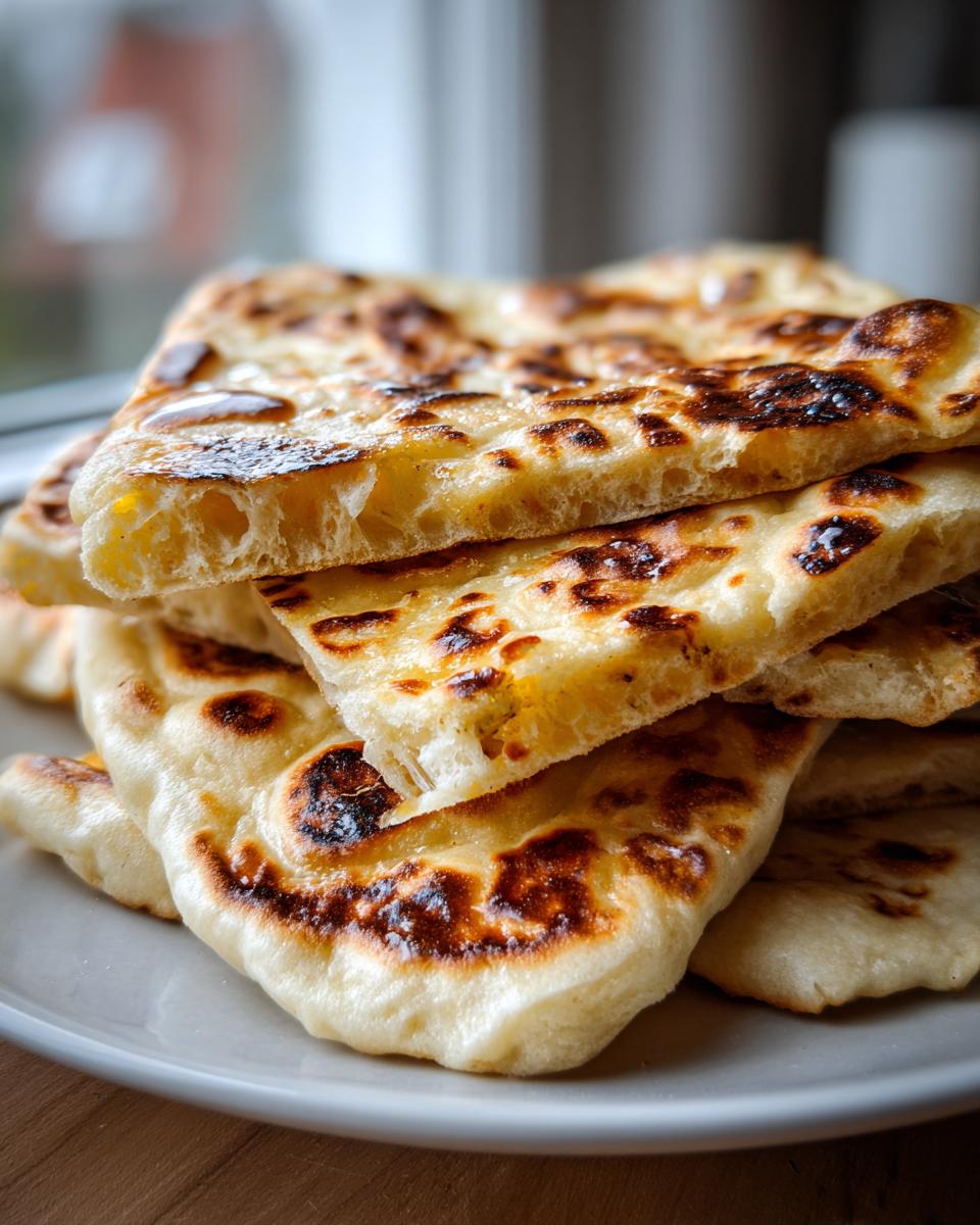 Close-up of a stack of freshly made homemade naan bread, showing its fluffy interior and characteristic browned/charred spots.