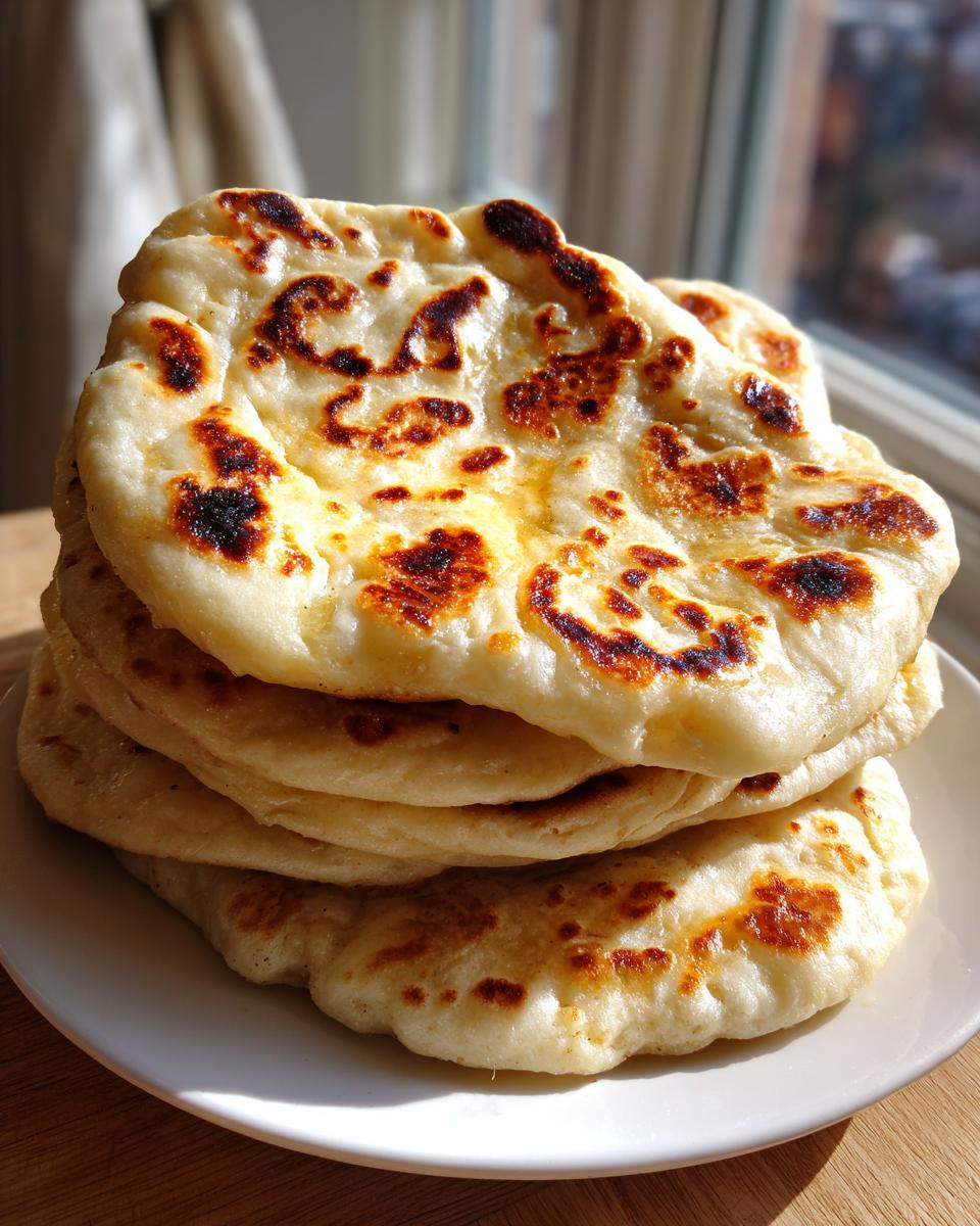 A stack of four freshly made, fluffy homemade naan bread rounds with golden-brown, charred spots, sitting on a white plate.