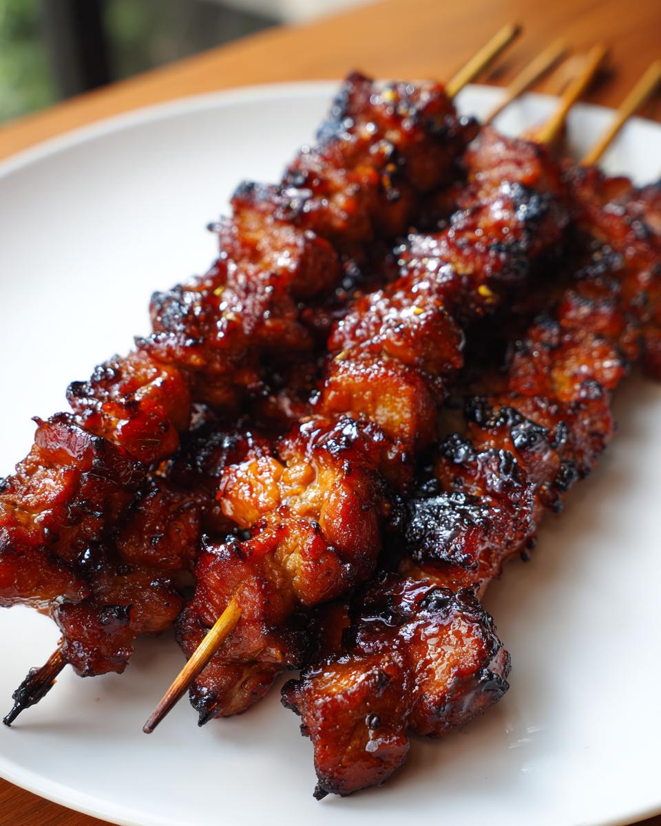 Close-up of several glazed and slightly charred honey garlic chicken skewers resting on a white plate.