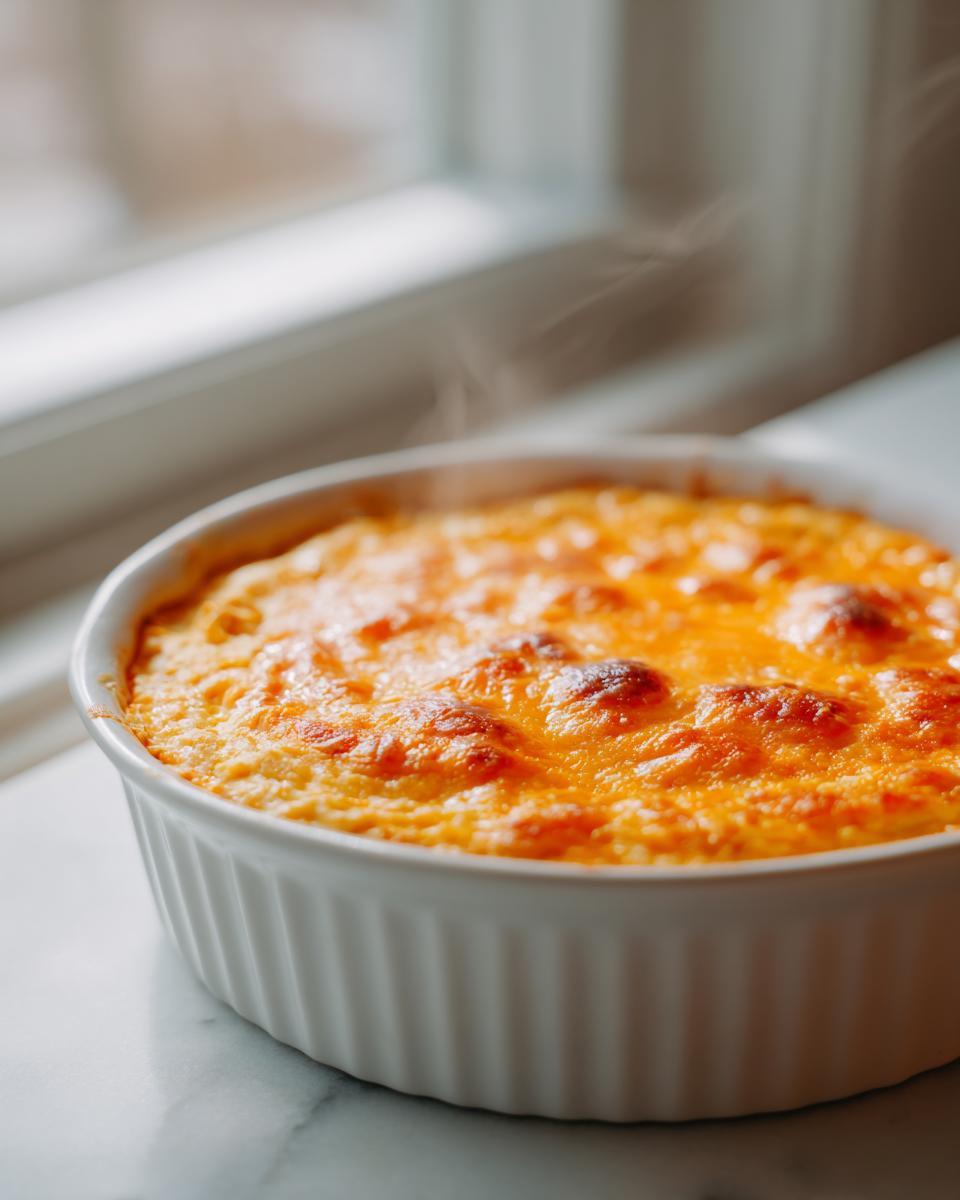 Close-up of hot, bubbly buffalo chicken dip in a white ramekin with a melted, browned cheese topping.