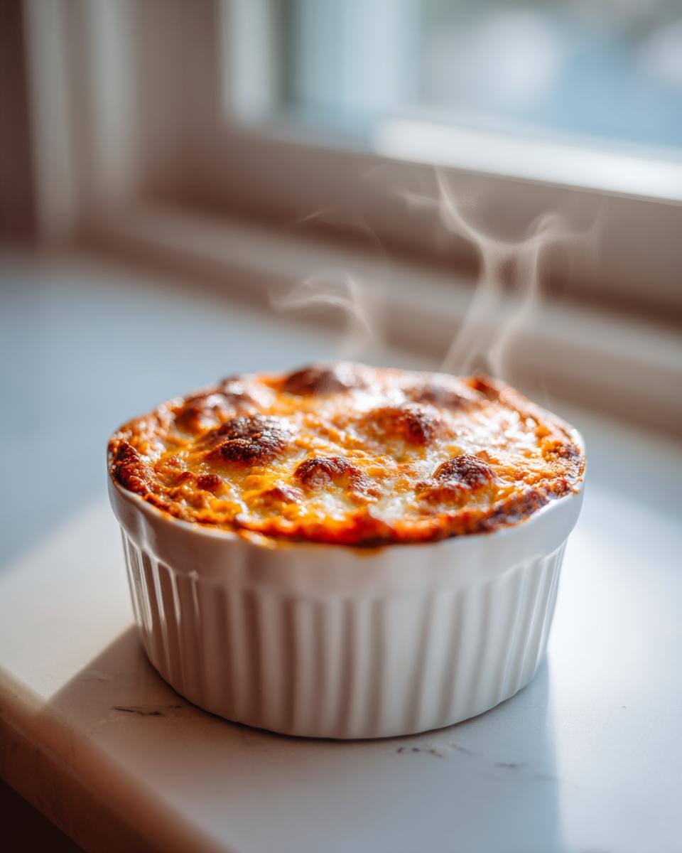 Steaming hot buffalo chicken dip baked to golden perfection in a white ramekin.