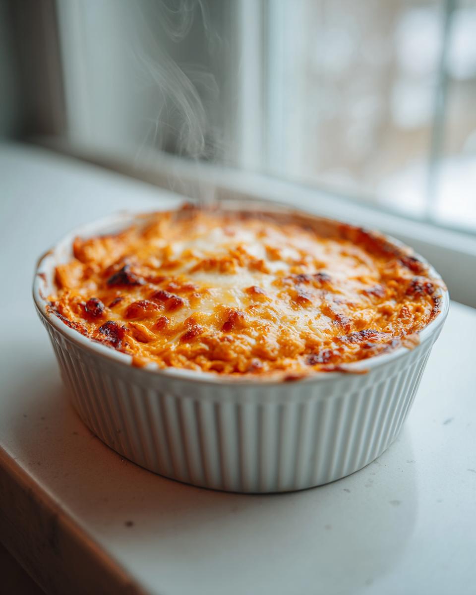 Steaming hot buffalo chicken dip with a bubbly, browned cheese topping in a white ceramic dish.