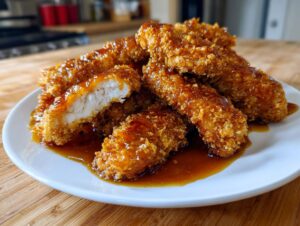 A plate piled high with crispy hot honey chicken tenders, one is cut open showing the juicy white meat inside.