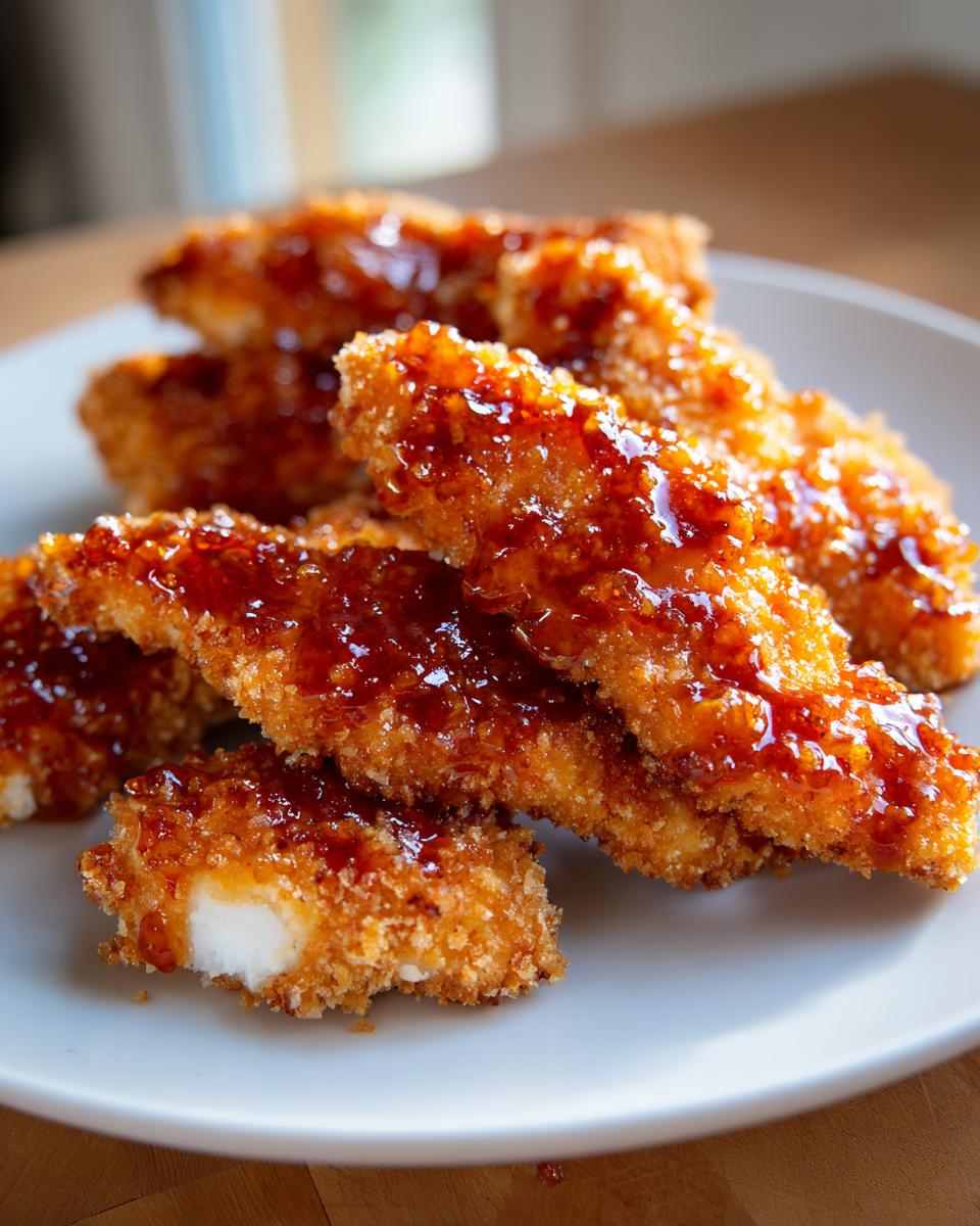 Close-up of crispy, breaded hot honey chicken tenders drizzled with a thick, glossy sauce on a white plate.