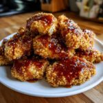 A pile of crispy, golden hot honey chicken tenders generously drizzled with a thick, shiny hot honey glaze.