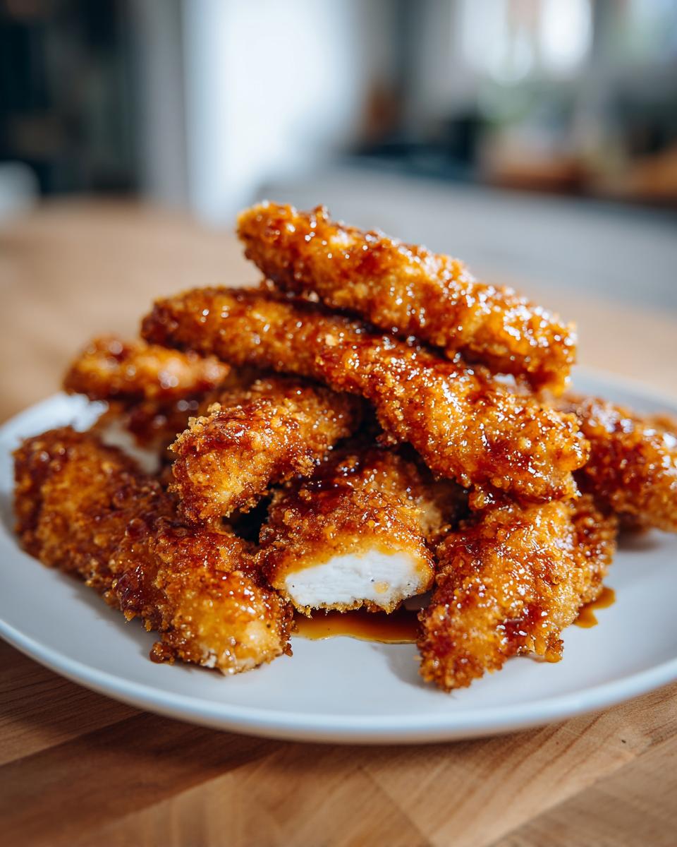 A pile of crispy, glazed hot honey chicken tenders stacked on a white plate, one is cut open showing white meat.