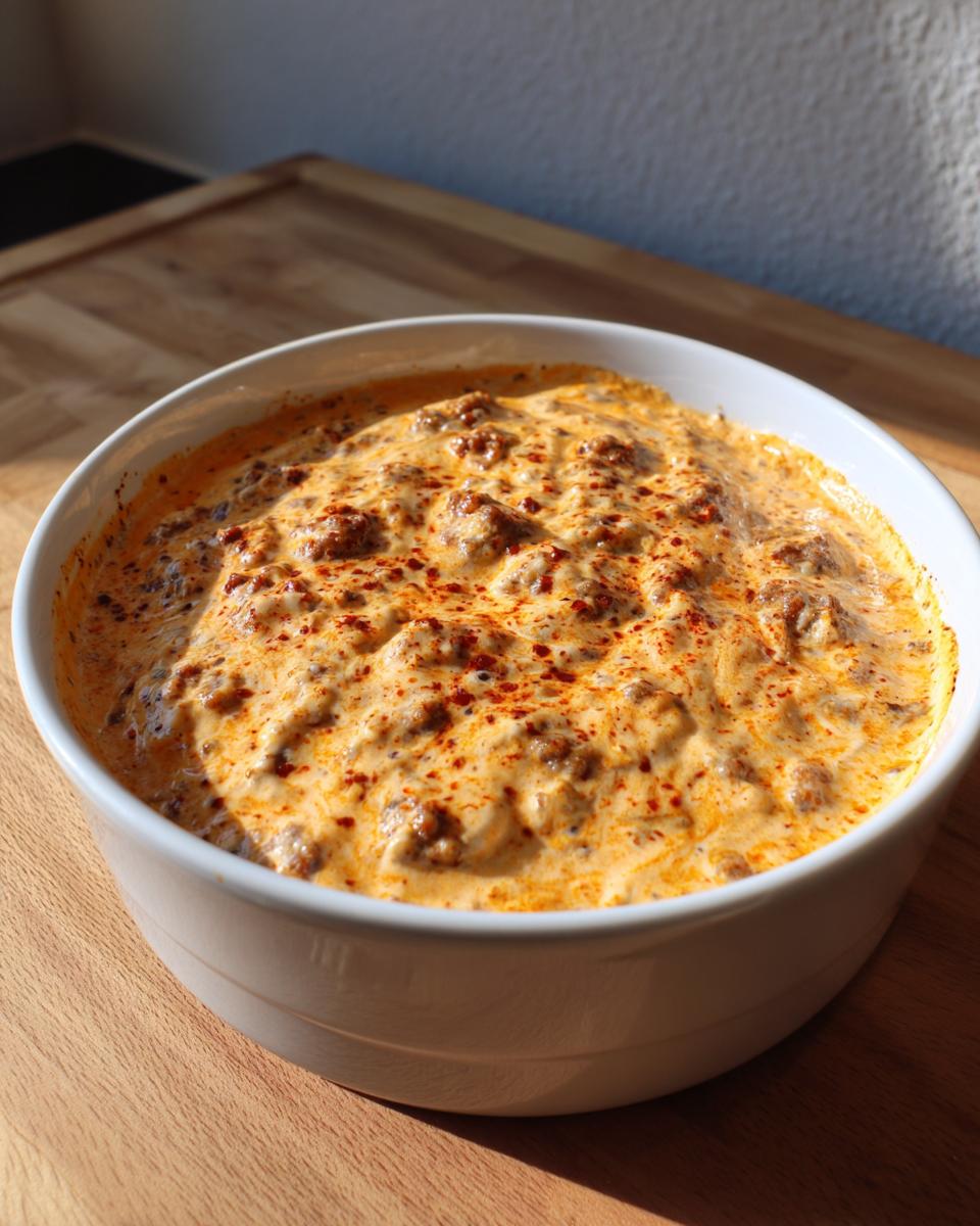 A close-up of a creamy, baked sausage cheese dip topped with paprika, served in a white round bowl on a wooden surface.