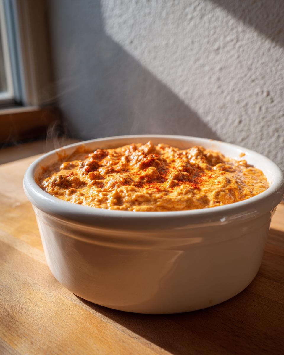 A close-up of a hot, steaming sausage cheese dip in a white ceramic bowl, garnished with paprika.