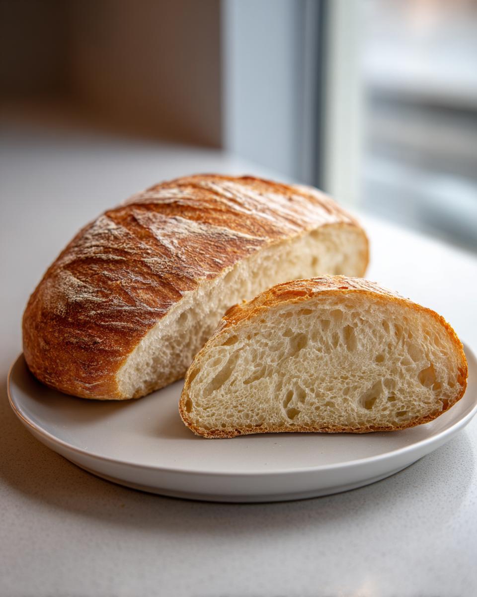 A golden-crusted Italian bread loaf, partially sliced, revealing a soft, airy interior on a light plate.