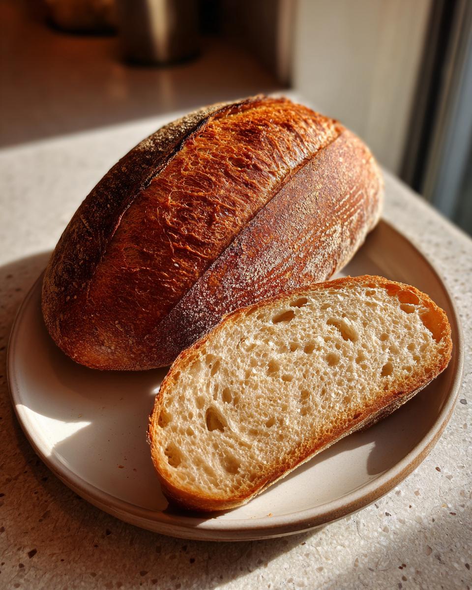 A rustic loaf of Italian bread, partially sliced, showing its golden crust and open crumb structure.