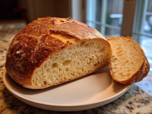 A freshly baked loaf of Italian bread, cut to show the airy, open crumb structure and golden crust.