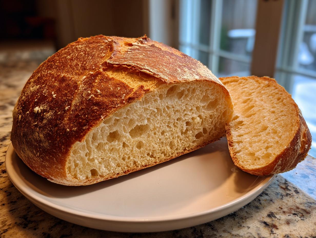A freshly baked loaf of Italian bread, cut to show the airy, open crumb structure and golden crust.