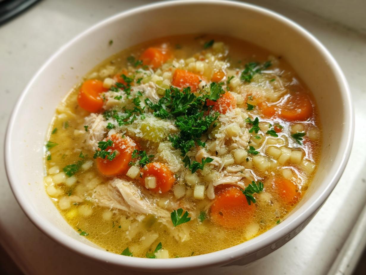 Close-up of a white bowl filled with steaming Italian penicillin soup, featuring shredded chicken, carrots, pasta, and Parmesan cheese.