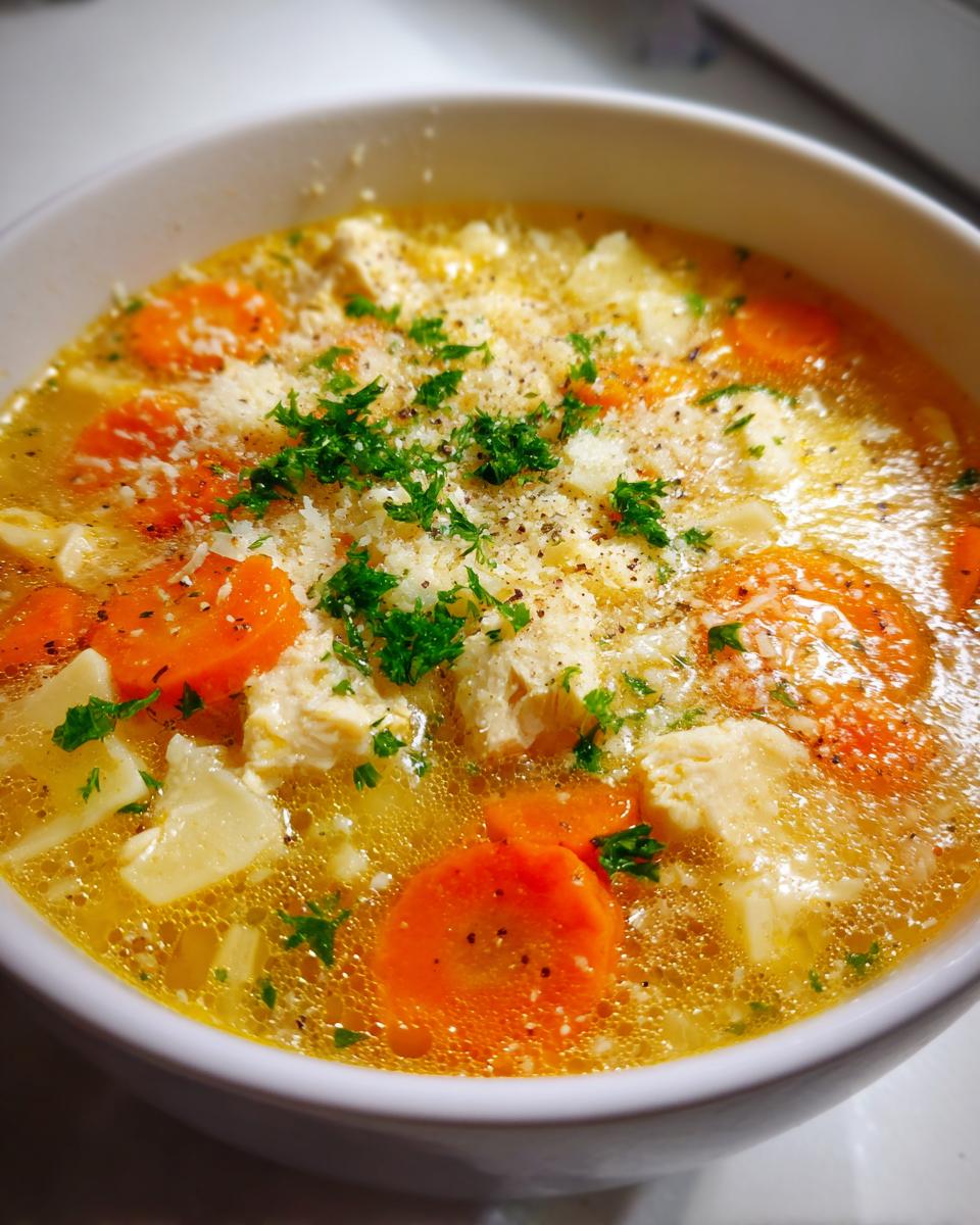 Close-up of a white bowl filled with hot italian penicillin soup, featuring broth, sliced carrots, chicken, and topped with Parmesan cheese and parsley.