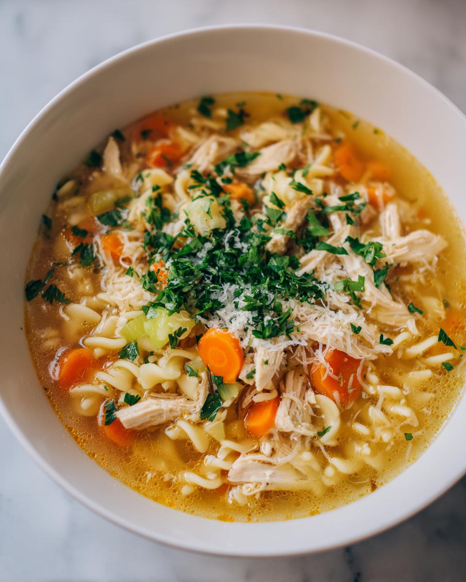 Close-up of a bowl of Italian penicillin soup featuring shredded chicken, egg noodles, carrots, and topped with parsley and Parmesan.