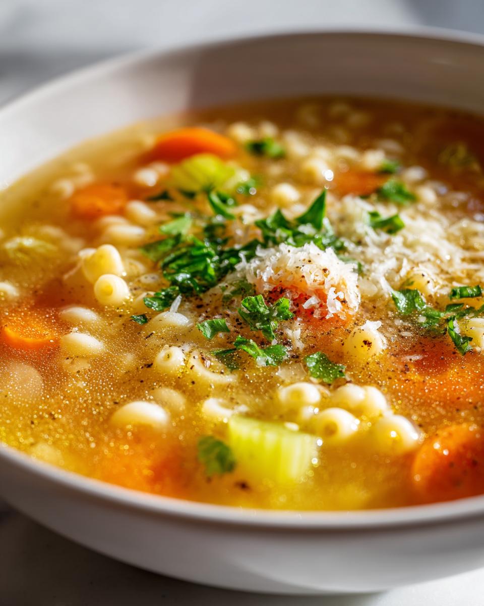 A close-up of a warm bowl of italian penicillin soup featuring small pasta, carrots, celery, and topped with fresh parsley and grated Parmesan cheese.