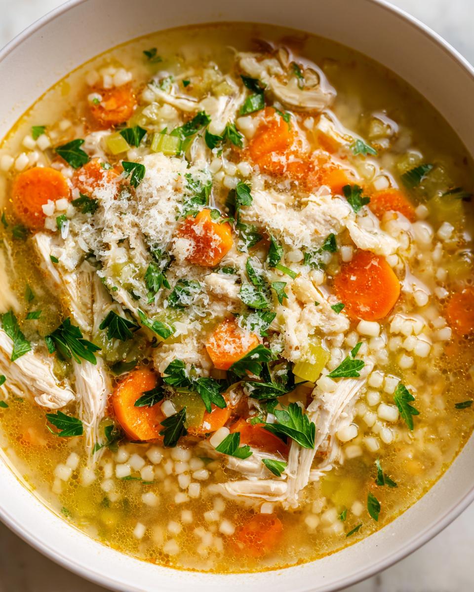 Close-up of a bowl of italian penicillin soup featuring shredded chicken, carrots, pasta, and grated Parmesan cheese.