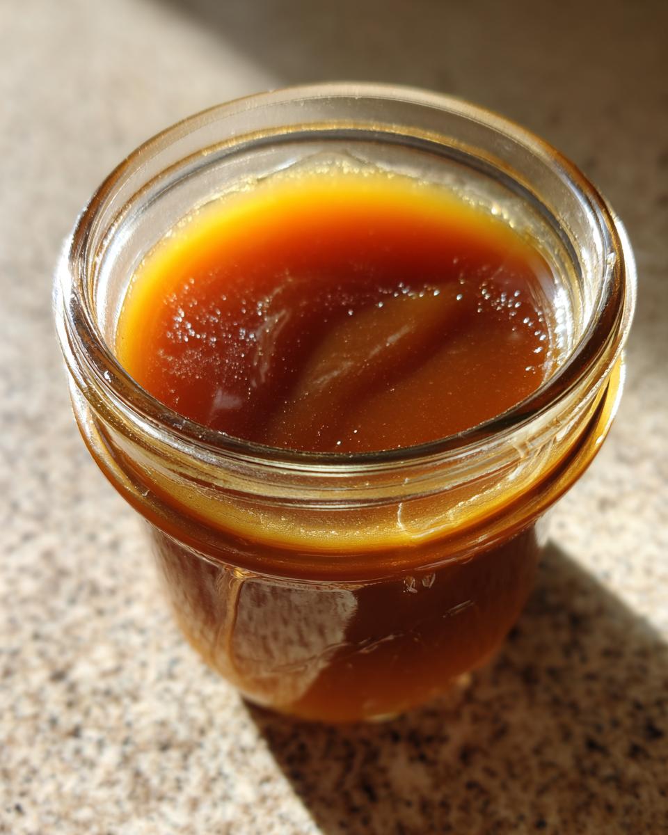 Close-up of a small glass jar filled with glossy, amber-colored salted caramel sauce, catching the sunlight.