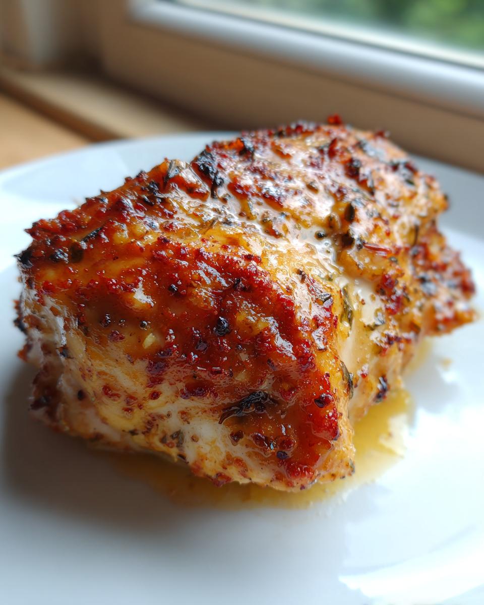 Close-up of a perfectly seasoned and juicy baked chicken breast resting on a white plate.