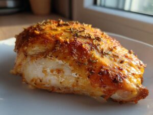 Close-up of a perfectly cooked, juicy baked chicken breast seasoned with herbs and spices.