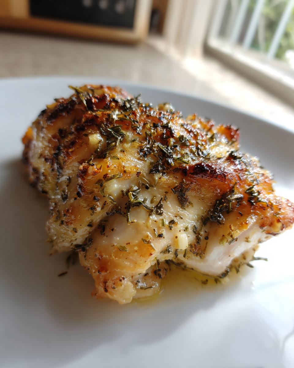 Close-up of a perfectly seasoned and juicy baked chicken breast topped with browned herbs.