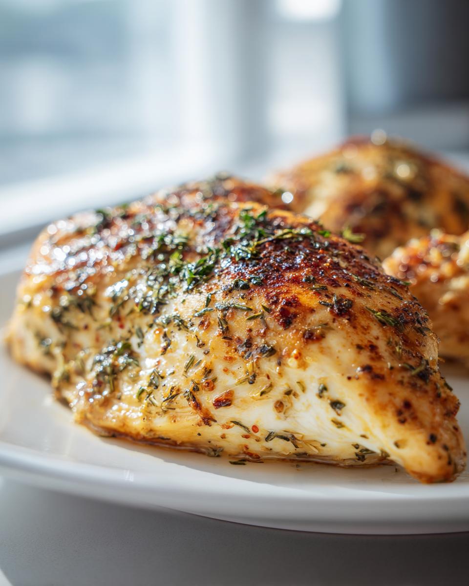 Close-up of a perfectly seasoned and juicy baked chicken breast topped with green herbs.