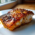 Close-up of a perfectly seasoned and juicy baked chicken breast resting on a white plate.