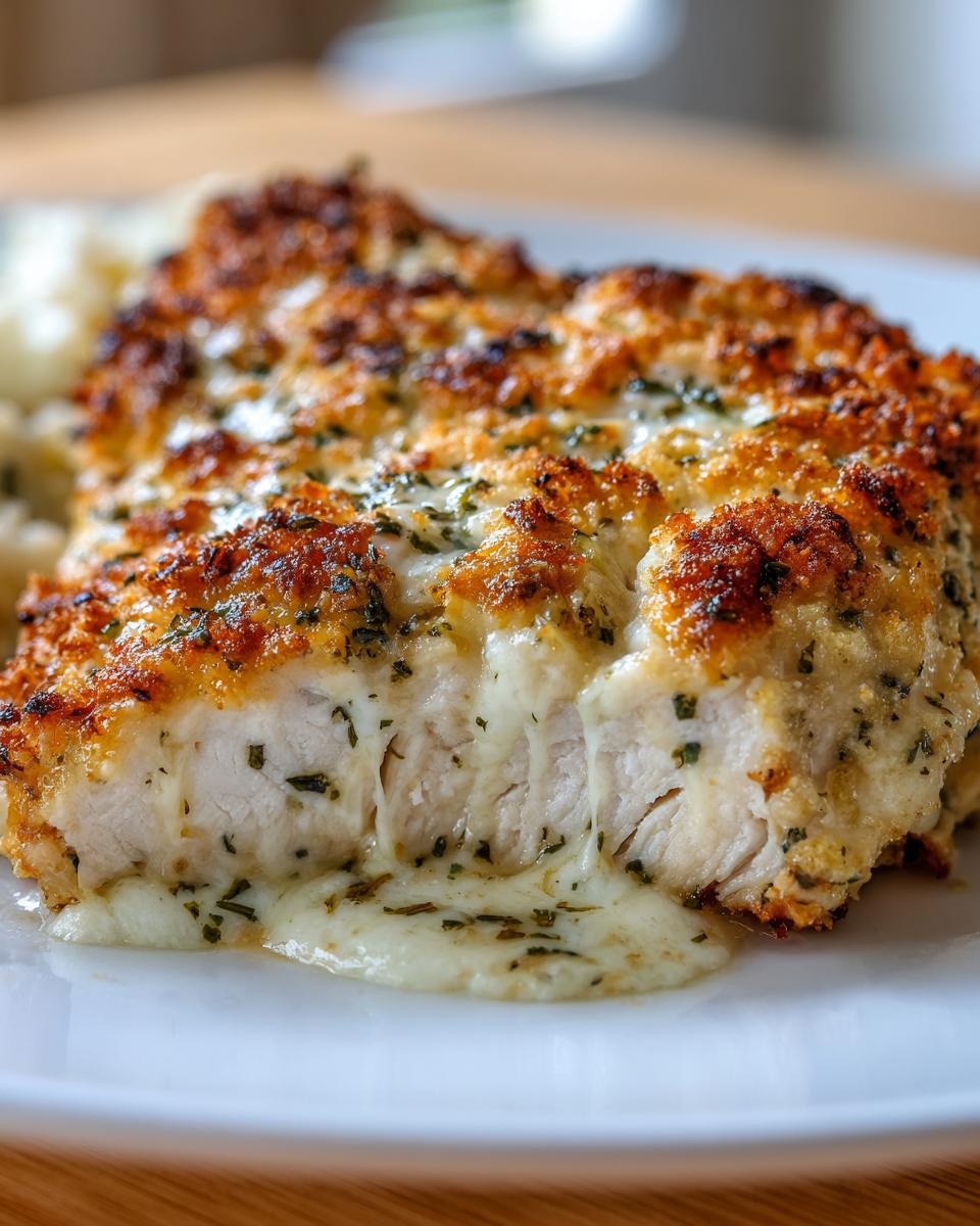 Cross-section of juicy baked ranch chicken showing melted cheese oozing out, topped with a golden, herbed crust.