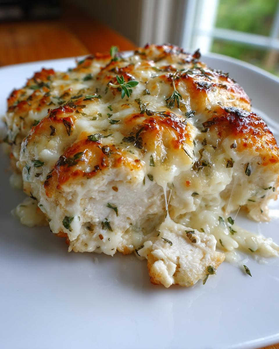 Close-up of juicy baked ranch chicken topped with melted, browned cheese and herbs.