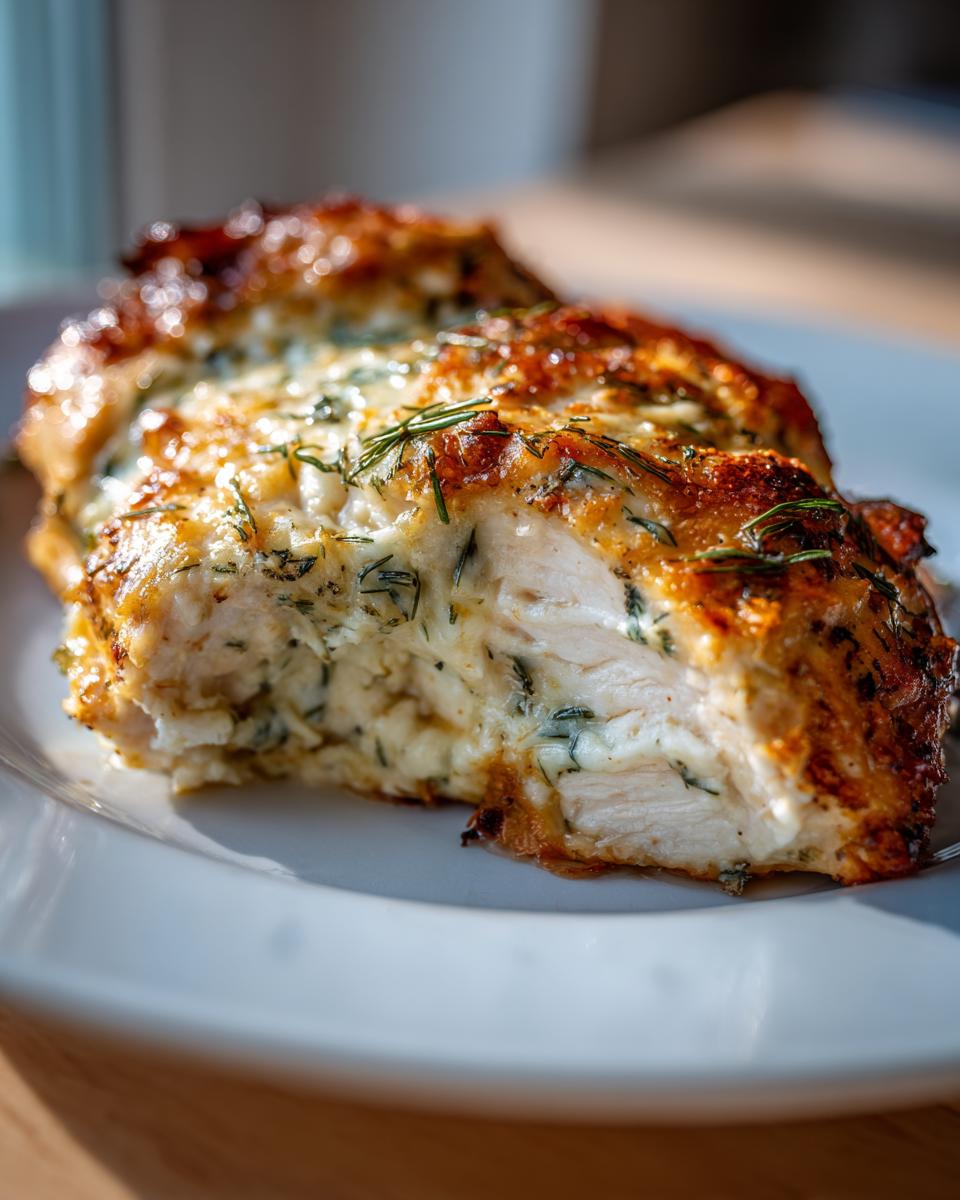 Close-up of a juicy baked ranch chicken breast, showing the white interior and creamy ranch topping with herbs.